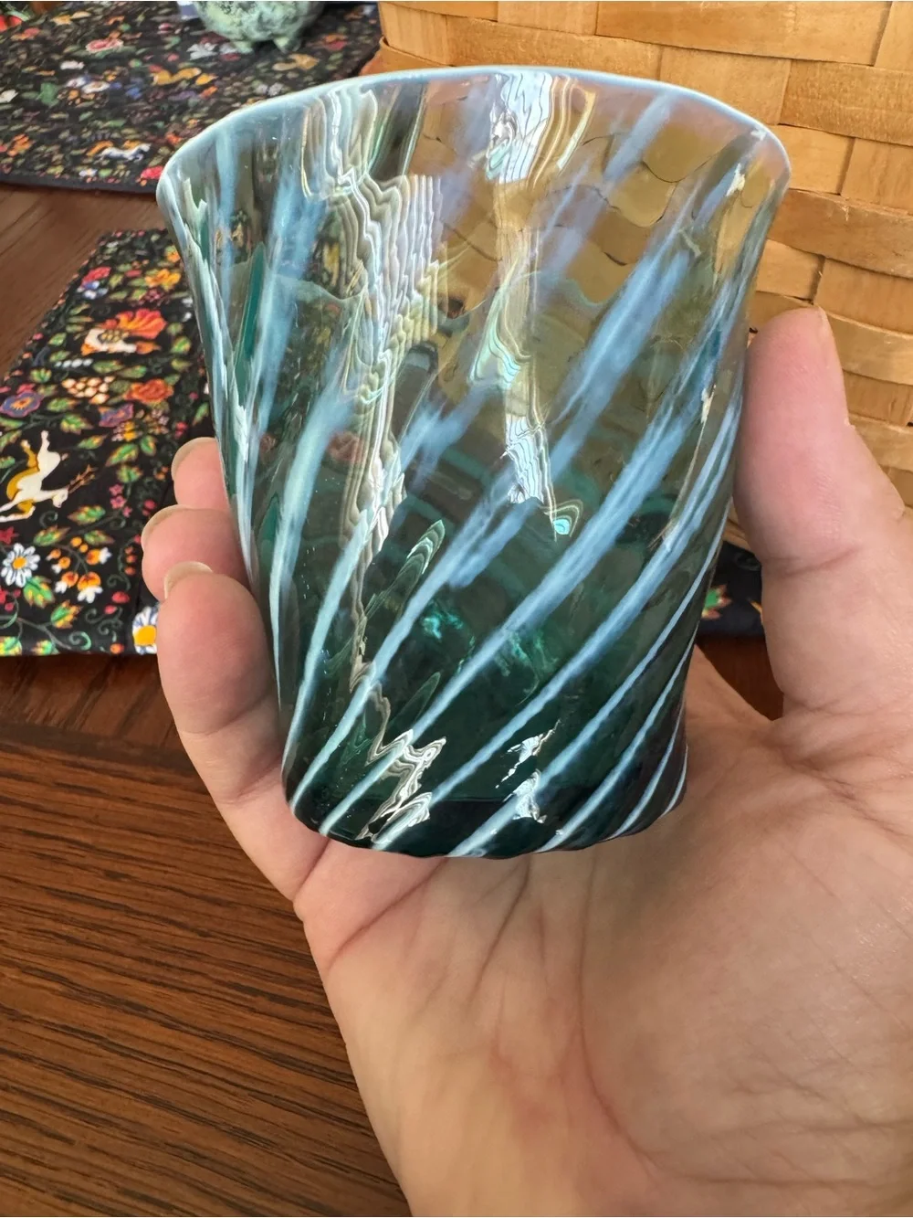 Fostoria Homespun Drinking Glass Vintage Blue Opalescent Tumbler MCM Swirl Teal